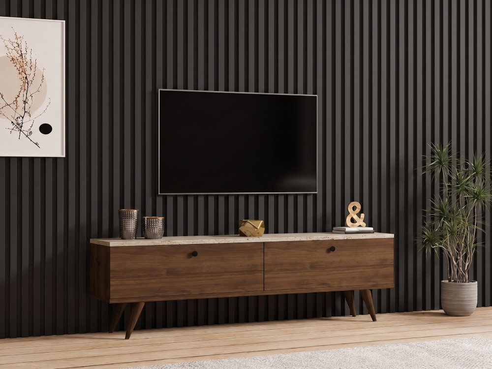 Meuble TV en bois " Paris 140 " - 140 x 40 x 25 cm - Noyer / Travertin