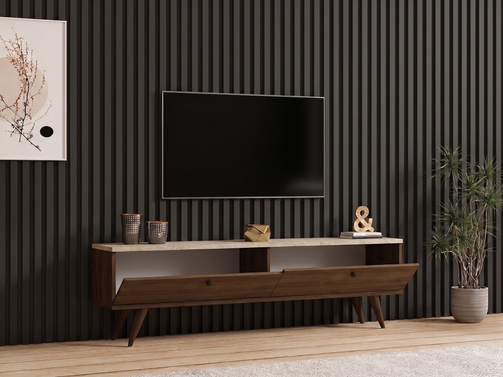 Meuble TV en bois " Paris 140 " - 140 x 40 x 25 cm - Noyer / Travertin