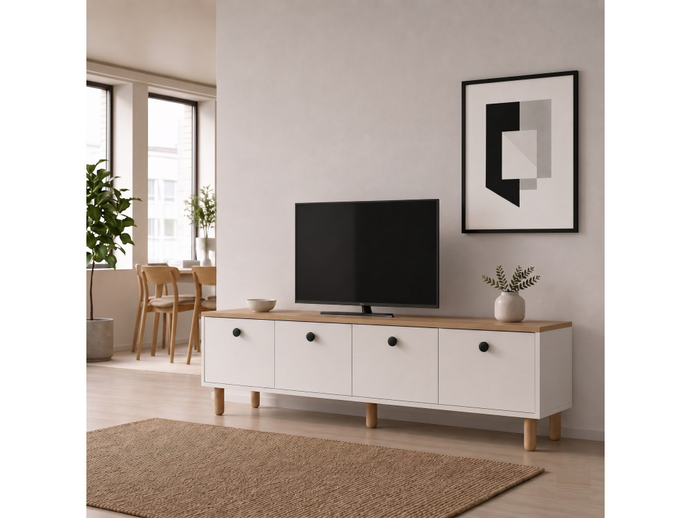 Meuble TV en bois " Pura " - 180 x 50 x 40 cm - Chêne Saphir / Blanc