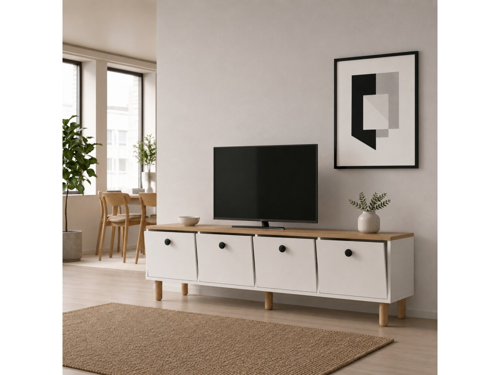 Meuble TV en bois " Pura " - 180 x 50 x 40 cm - Chêne Saphir / Blanc