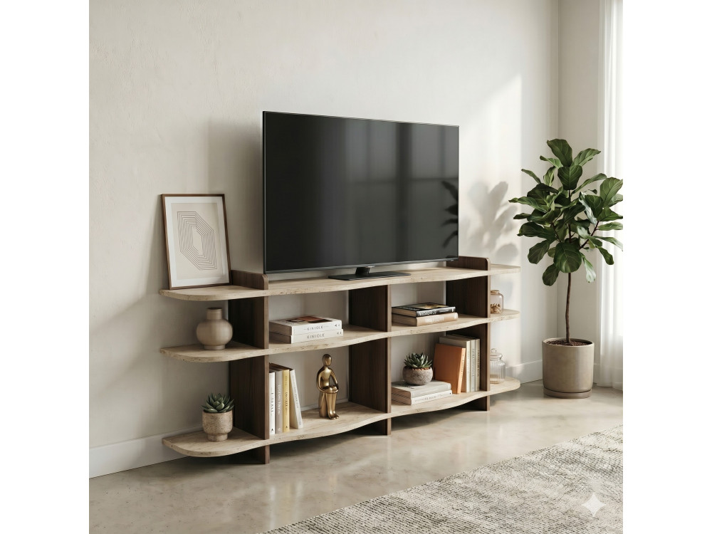 Console en bois " Flusso " - 170 x 65 x 30 cm - Travertin / Noyer