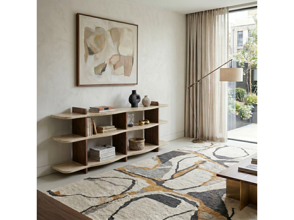 Console en bois " Flusso " - 170 x 65 x 30 cm - Travertin / Noyer