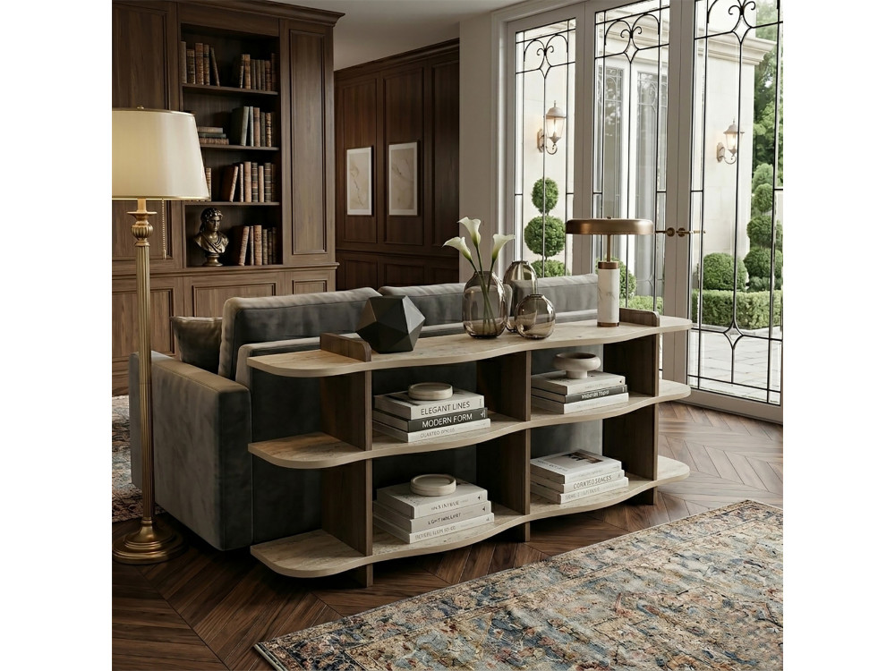 Console en bois " Flusso " - 170 x 65 x 30 cm - Travertin / Noyer