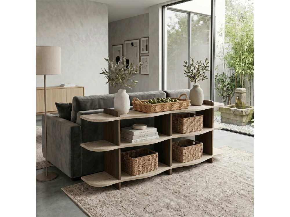 Console en bois " Flusso " - 170 x 65 x 30 cm - Travertin / Noyer