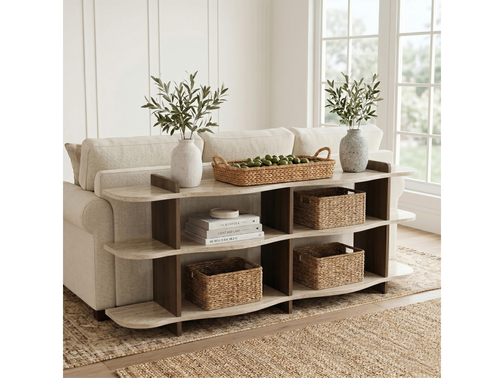 Console en bois " Flusso " - 170 x 65 x 30 cm - Travertin / Noyer