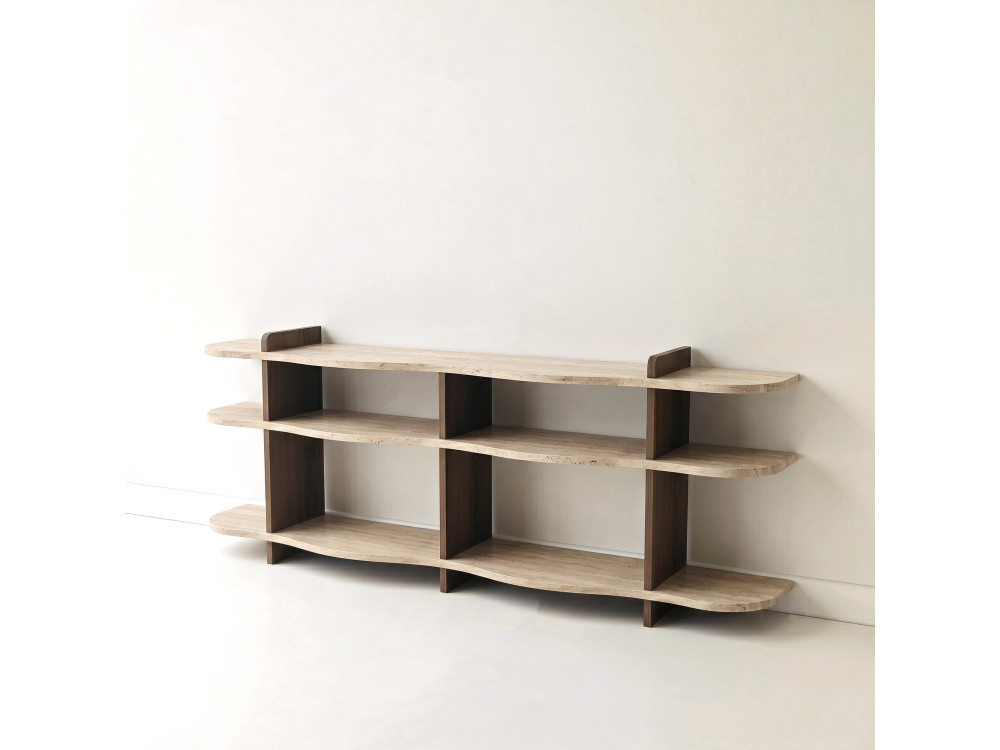 Console en bois " Flusso " - 170 x 65 x 30 cm - Travertin / Noyer