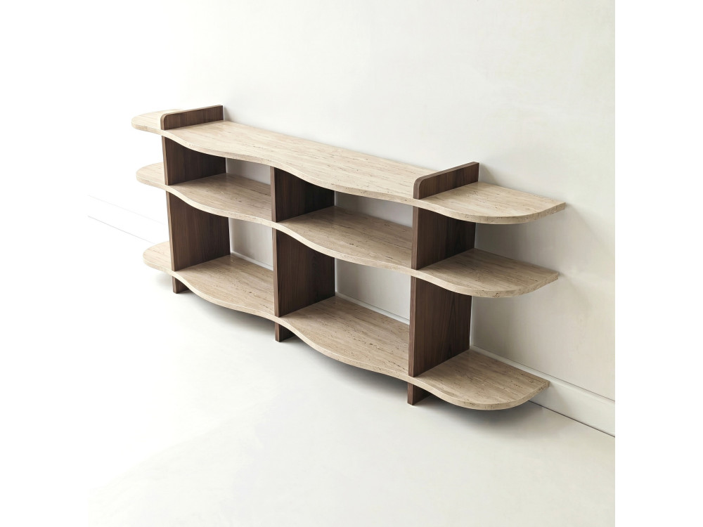 Console en bois " Flusso " - 170 x 65 x 30 cm - Travertin / Noyer