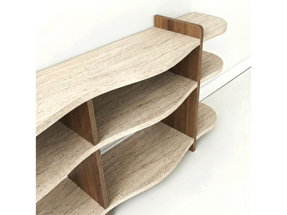 Console en bois " Flusso " - 170 x 65 x 30 cm - Travertin / Noyer