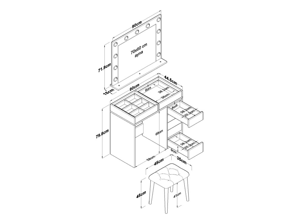 Coiffeuse en bois " BJ160 " - 90 x 79,8 x 44,5 cm - Blanc