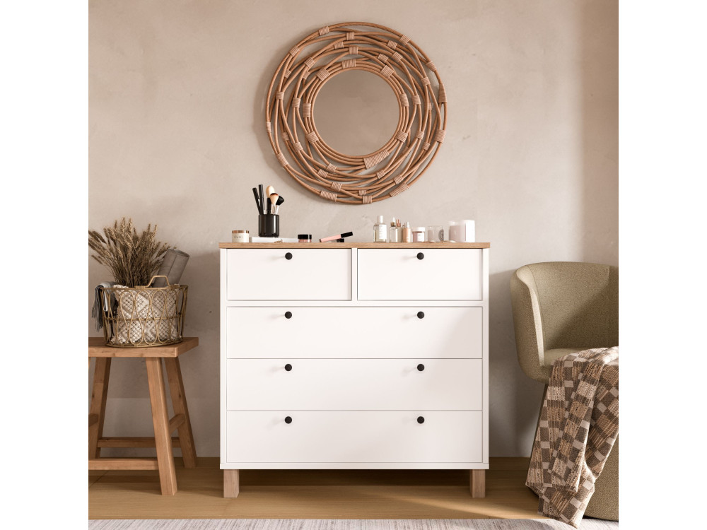 Commode en bois " Nord " - 90 x 85,2 x 40 cm - Blanc / Chêne