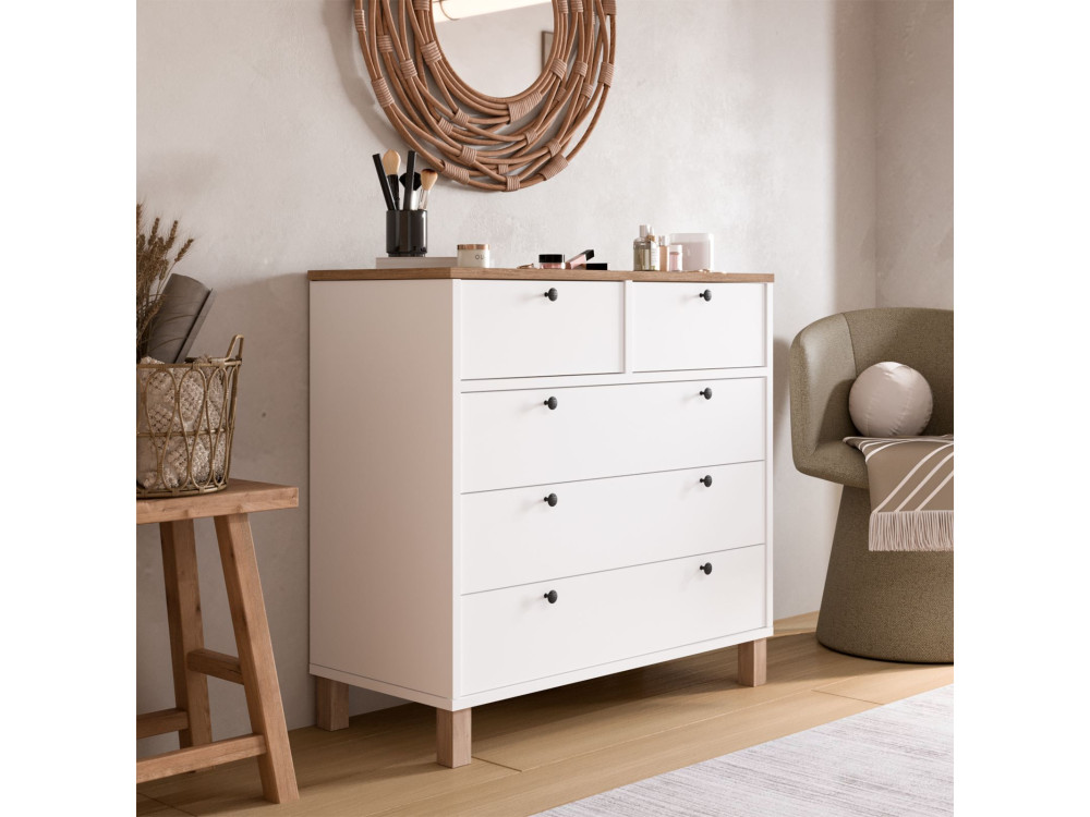Commode en bois " Nord " - 90 x 85,2 x 40 cm - Blanc / Chêne