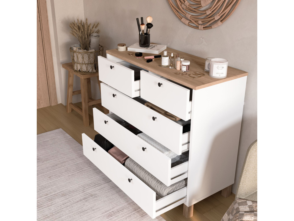 Commode en bois " Nord " - 90 x 85,2 x 40 cm - Blanc / Chêne