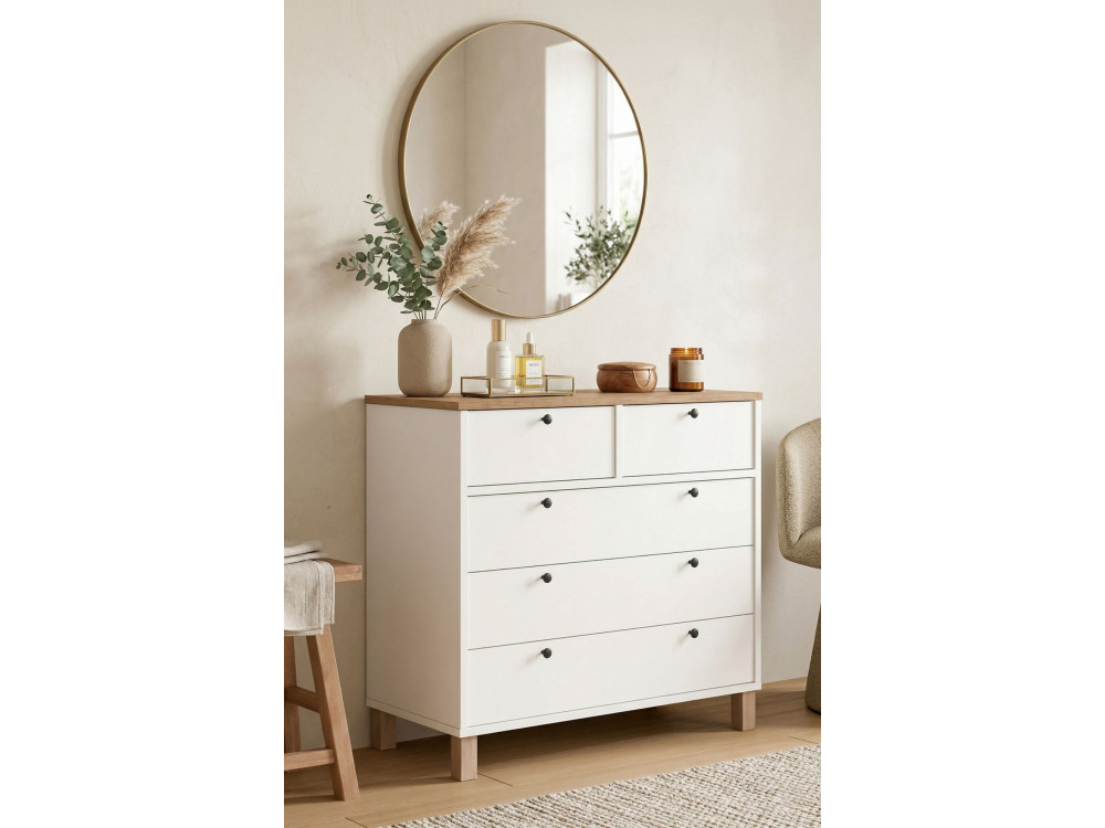 Commode en bois " Nord " - 90 x 85,2 x 40 cm - Blanc / Chêne