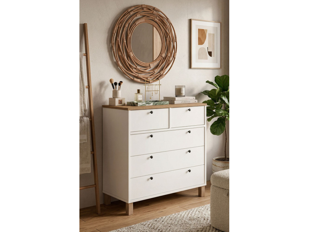 Commode en bois " Nord " - 90 x 85,2 x 40 cm - Blanc / Chêne