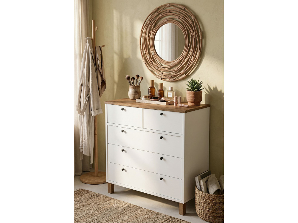 Commode en bois " Nord " - 90 x 85,2 x 40 cm - Blanc / Chêne