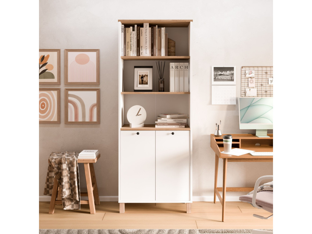 Bibliothèque en bois " Nord " - 69,5 x 180 x 32 cm - Blanc / Chêne