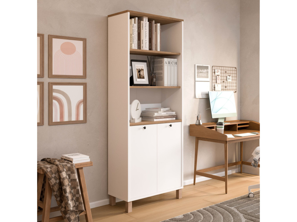 Bibliothèque en bois " Nord " - 69,5 x 180 x 32 cm - Blanc / Chêne