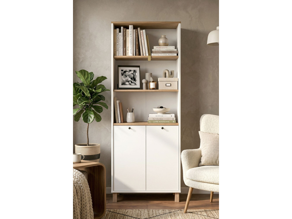 Bibliothèque en bois " Nord " - 69,5 x 180 x 32 cm - Blanc / Chêne