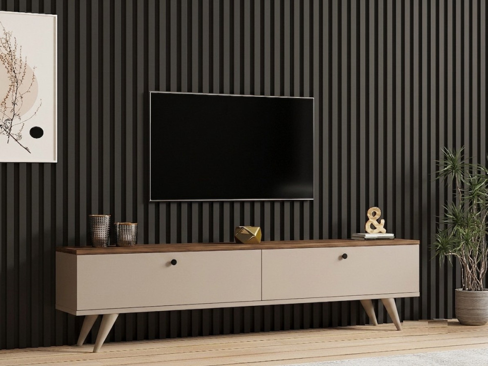 Meuble TV en bois " Paris " - 160 x 25 x 40 cm - Noyer / Cachemire
