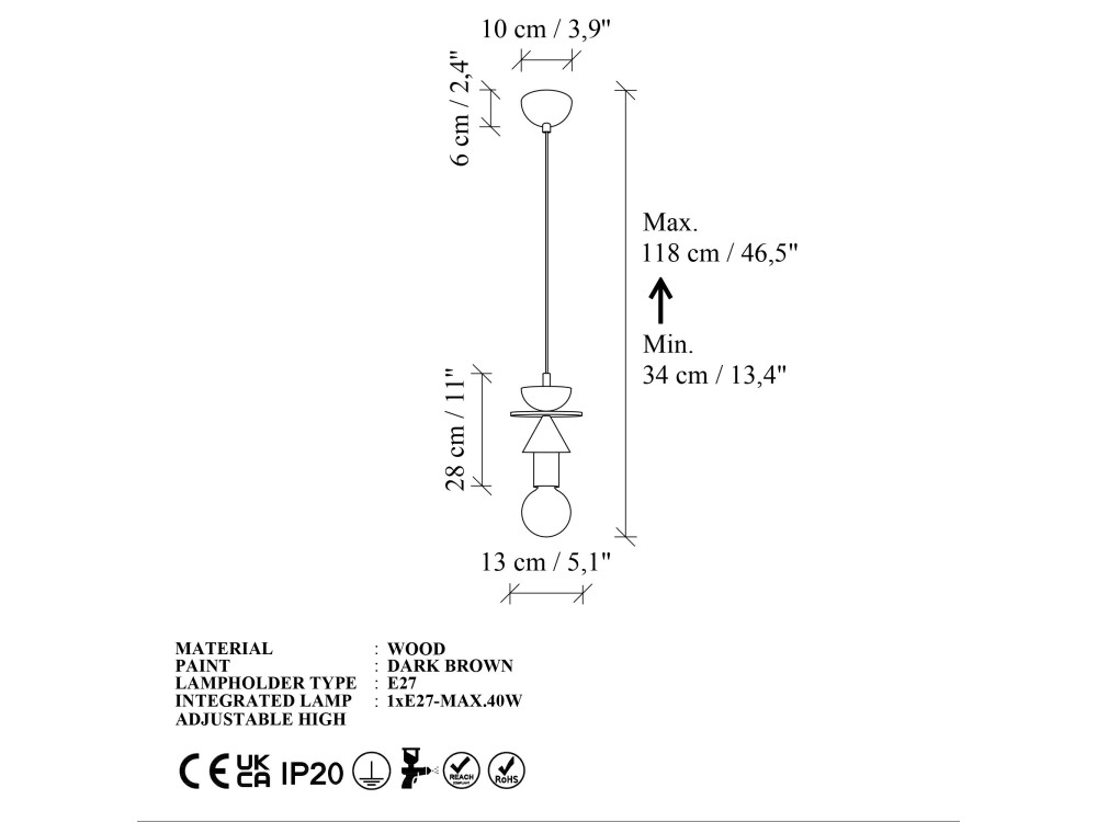 Lampe suspendue en bois "Rotas" - 13 x 13 x 118 cm - Marron