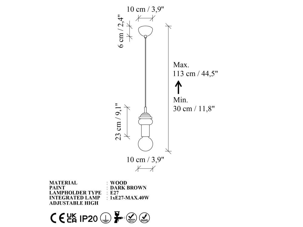 Lampe suspendue en bois "Rotas" - 10 x 10 x 113 cm - Marron