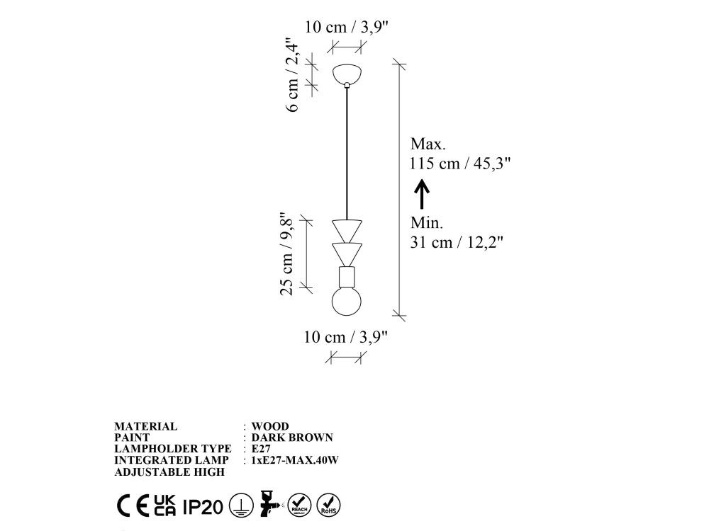 Lampe suspendue en bois "Rotas" - 10 x 10 x 115 cm - Marron