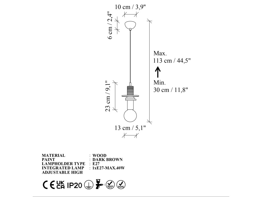 Lampe suspendue en bois "Rotas" - 13 x 13 x 113 cm - Marron
