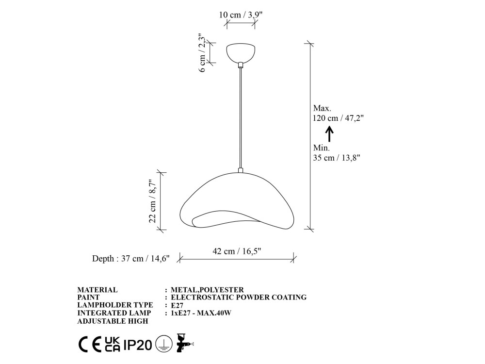 Lampe suspendue en métal "Luna" - 42 x 37 x 120 cm - Blanc