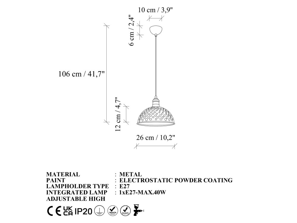 Lampe suspendue en métal "Echo" - 26 x 26 cm - Gris