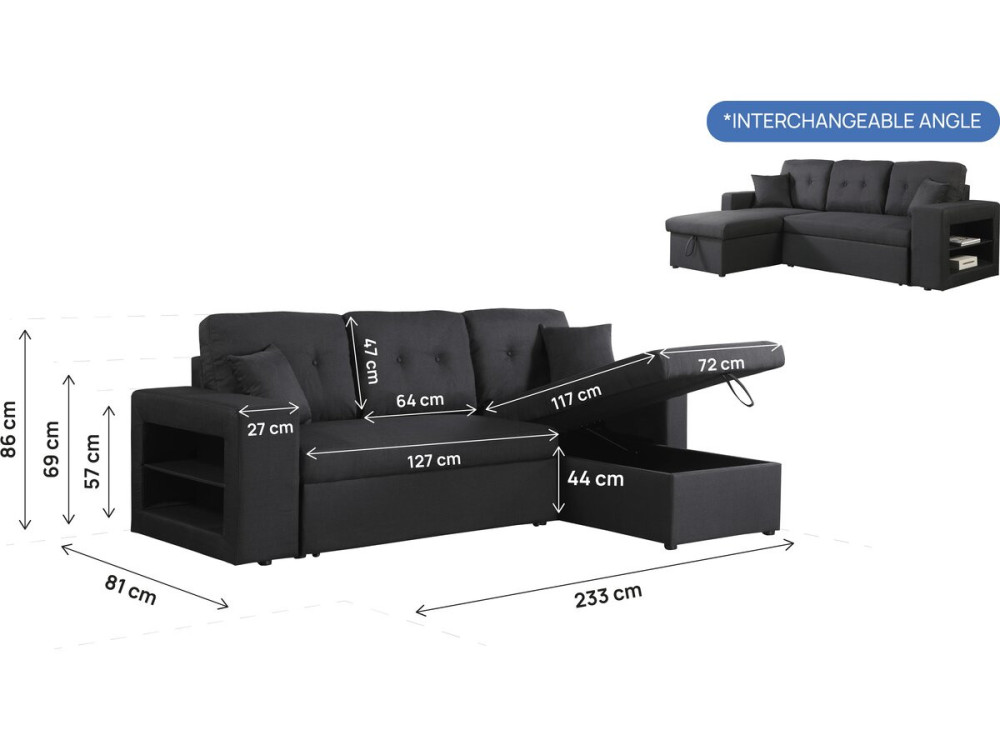 Canapé d'angle convertible/réversible "Axel" - 3 places - Noir