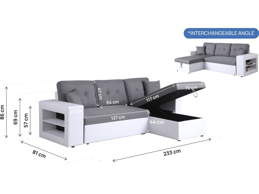 Canapé d'angle convertible/réversible "Axel" - 3 places - Blanc/Gris