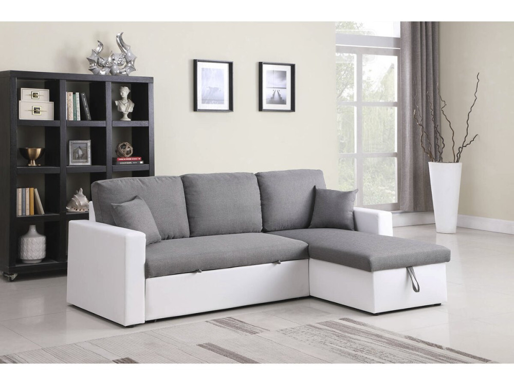 Canapé d'angle convertible/ réversible avec coffre "Alain" - 221 x 145 x 85 cm - 3 places - Gris / Blanc