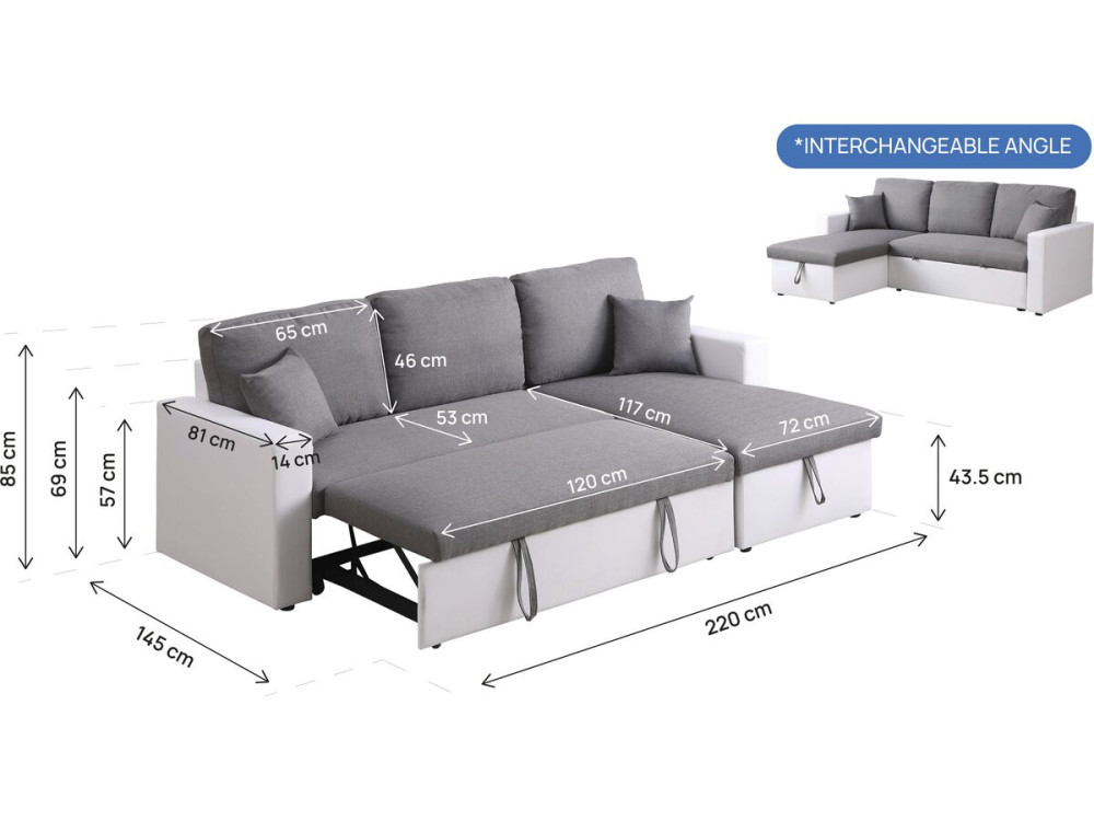 Canapé d'angle convertible/ réversible avec coffre "Alain" - 221 x 145 x 85 cm - 3 places - Gris / Blanc