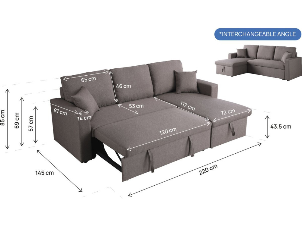 Canapé d'angle convertible/ réversible avec coffre "Alain" - 3 places - Taupe
