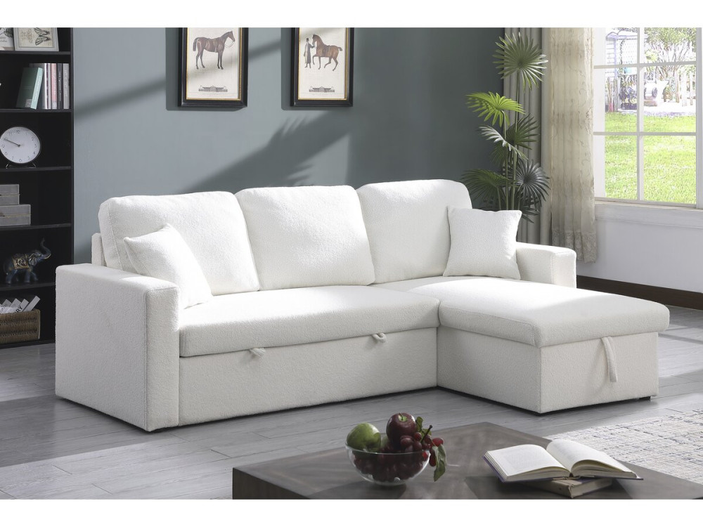 Canapé d'angle convertible/reversible avec coffre "Alain" - 3 places - Bouclettes -  Blanc