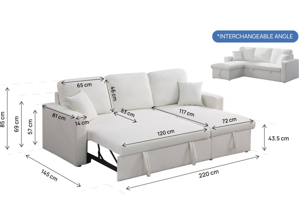 Canapé d'angle convertible/reversible avec coffre "Alain" - 3 places - Bouclettes -  Blanc