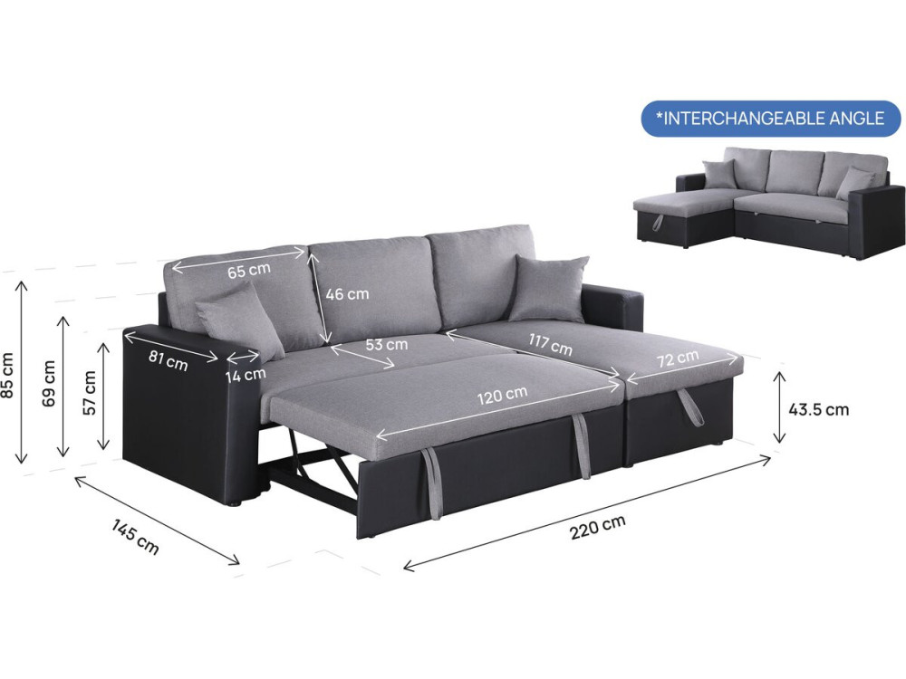 Canapé d'angle convertible/ réversible avec coffre "Alain" - 3 places - Gris / Noir