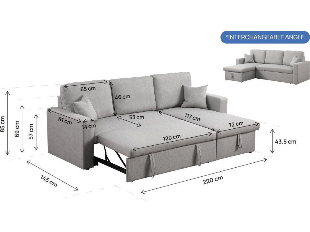 Canapé d'angle convertible/ réversible avec coffre "Alain" - 3 places - Gris clair