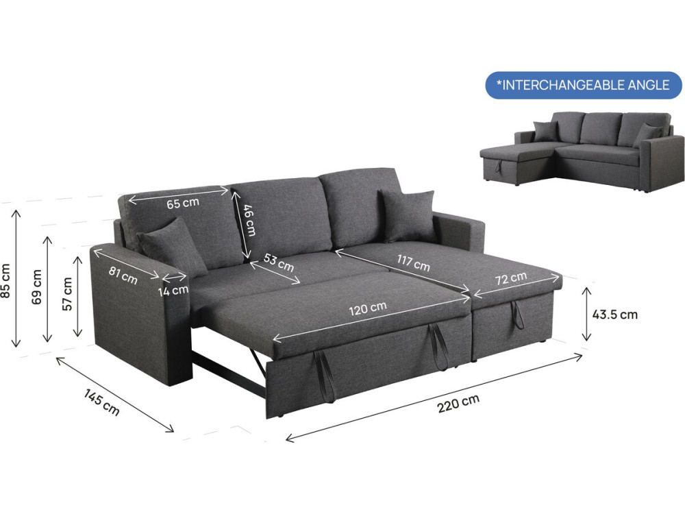 Canapé d'angle convertible/ réversible avec coffre "Alain" - 3 places - Gris