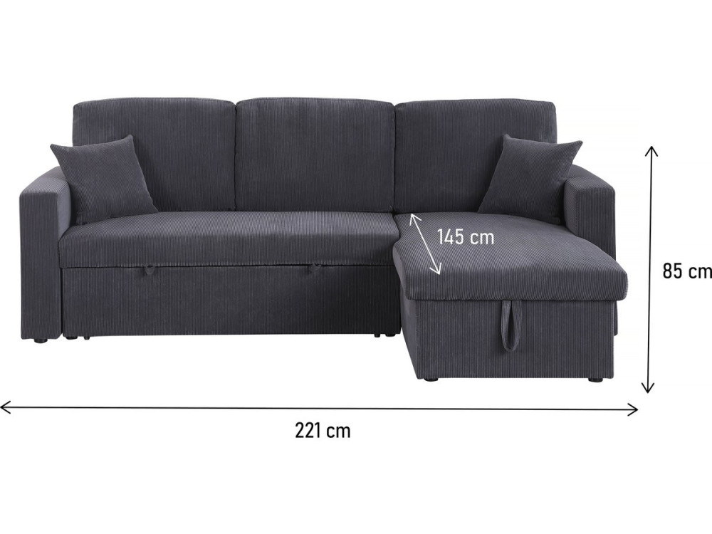Canapé d'angle convertible en velours côtelé "Alain" - 3 places - Gris