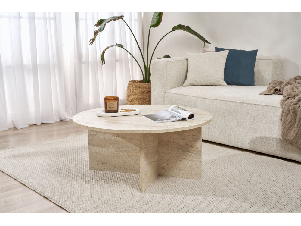 Table basse en bois "Soleil" - 90 x 90 x 40 cm - Travertin