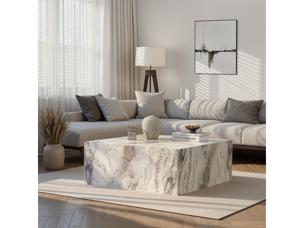 Table basse en bois "Prizma" - 90 x 90 x 35 cm - Marbre Freesia