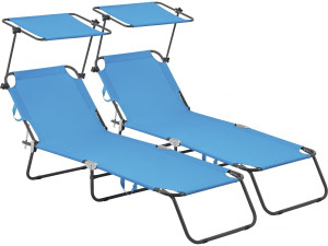 Lot de 2 bains de soleil pliable "Lazy" - Avec pare soleil - Bleu
