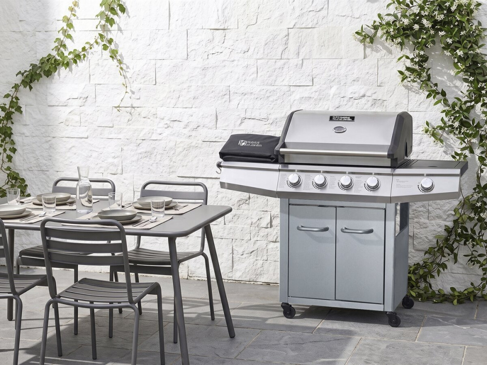 Barbecue gaz avec LED "Bingo 5" - 5 Brûleurs dont 1 latéral - 15.2kW + Housse protection - Argenté