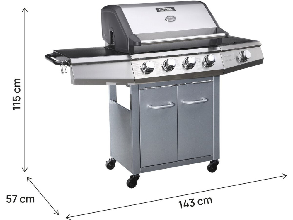 Barbecue gaz avec LED "Bingo 5" - 5 Brûleurs dont 1 latéral - 15.2kW + Housse protection - Argenté