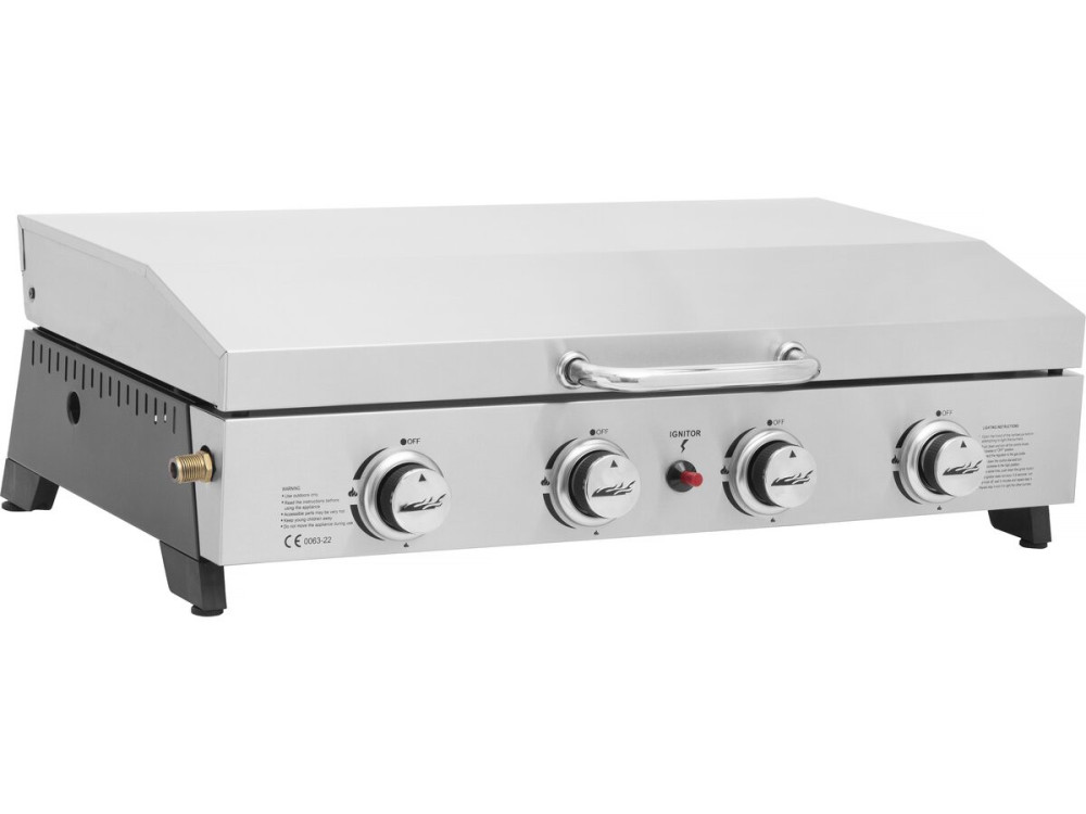 Plancha à gaz en inox avec 4 bruleurs et couvercle "Fasto" - 10 kw - Gris