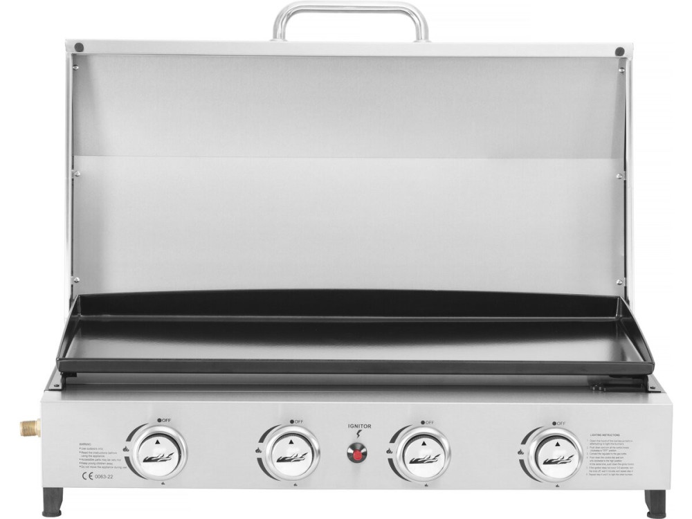 Plancha à gaz en inox avec 4 bruleurs et couvercle "Fasto" - 10 kw - Gris