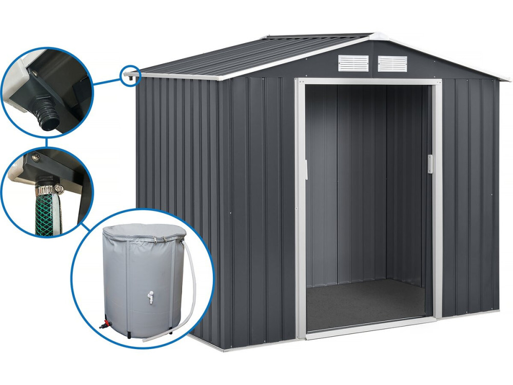 Abri de jardin métal- "Vegas"- 2,7 m² avec gouttière et récupérateur d'eau - Gris