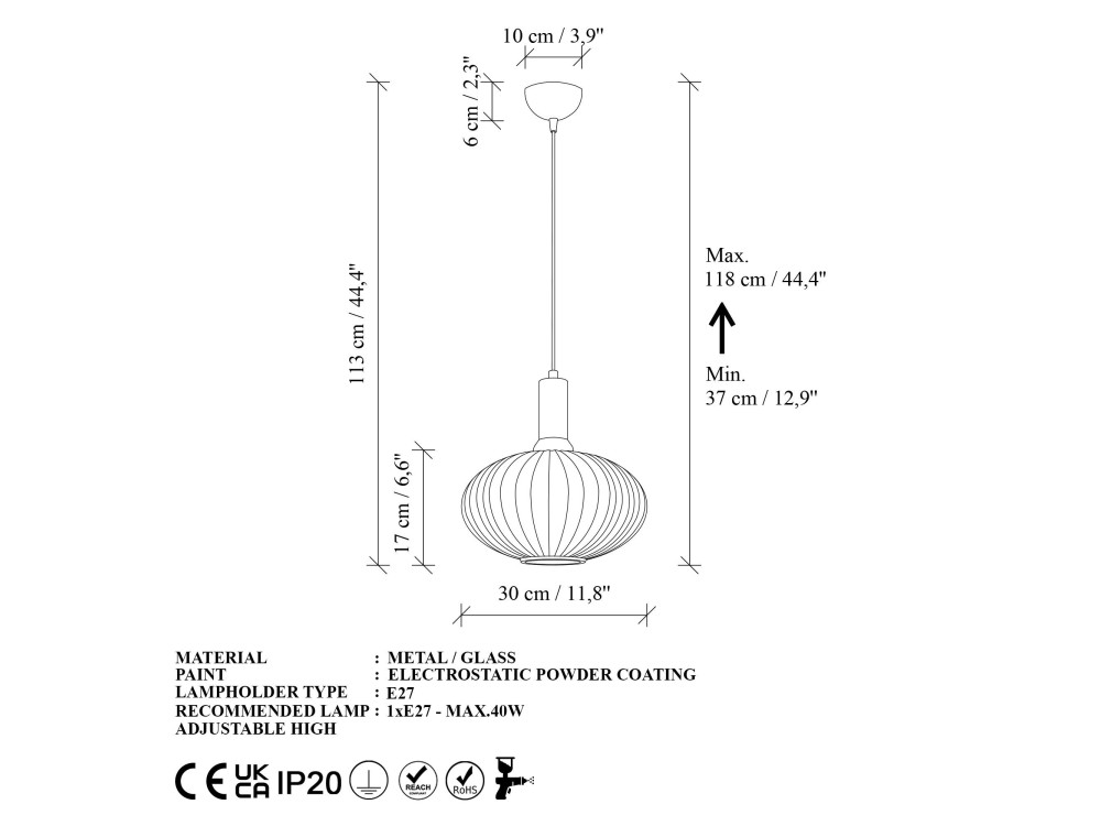 Lampe suspendue en métal "Asker" - 30 x 30 cm - Doré