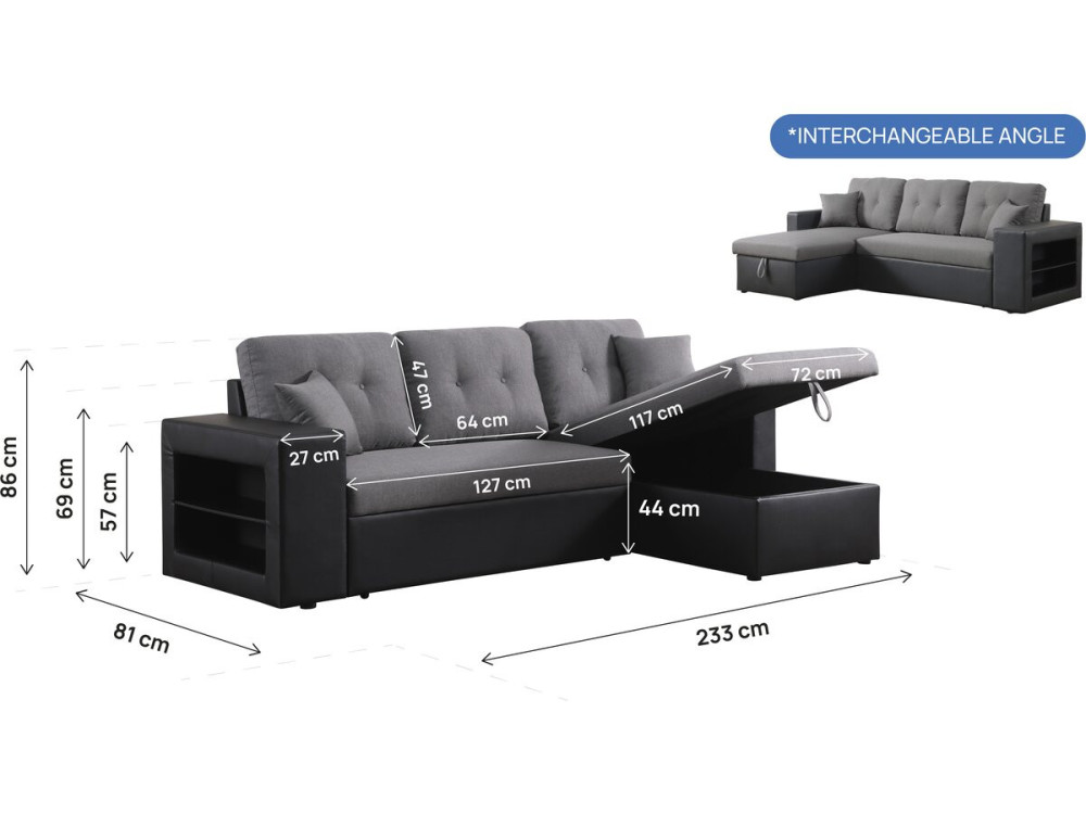 Canapé d'angle convertible/réversible "Axel" - 3 places - Noir/Gris